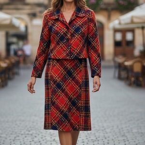 Vintage 60’s 70’s GIGI CREATIONS Red Tartan Plaid Two Piece Jacket & Dress Set